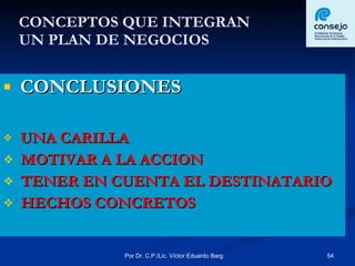 CONCEPTOS QUE INTEGRAN  UN PLAN DE NEGOCIOS CONCLUSIONES UNA CARILLA MOTIVAR A LA ACCION TENER EN CUENTA EL DESTINATARIO HECHOS CONCRETOS 