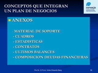 CONCEPTOS QUE INTEGRAN  UN PLAN DE NEGOCIOS ANEXOS -  MATERIAL DE SOPORTE - CUADROS - ESTADISTICAS - CONTRATOS - ULTIMOS BALANCES - COMPOSICION DEUDAS FINANCIERAS 