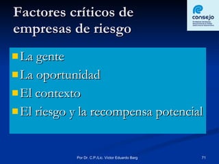 Factores críticos de  empresas de riesgo La gente La oportunidad El contexto El riesgo y la recompensa potencial 