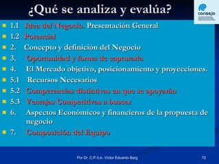 ¿Qué se analiza y evalúa? 1.1  Idea del Negocio.  Presentación General 1.2 Potencial 2. Concepto y definición del Negocio 3.  Oportunidad y forma de capturarla 4.  El Mercado objetivo, posicionamiento y proyecciones. 5.1  Recursos Necesarios 5.2  Competencias distintivas en que se apoyarán 5.3  Ventajas Competitivas a buscar 6.  Aspectos Económicos y financieros de la propuesta de  negocio 7.  Composición del Equipo 