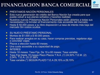 FINANCIACION BANCA COMERCIAL PRÉSTAMOS NACIÓN PERSONALES Esta nueva generación de crédito del Banco Nación fue creada para que pueda volver a sus planes soñados y hacerlos realidad.  Nuestros nuevos Préstamos Nación Personales están abiertos a todas sus necesidades y le brindan el financiamiento más accesible del mercado. Hasta $ 50.000 pesos a su libre disposición La tasa de interés más baja del mercado Sin costos ocultos.  SU NUEVO PRÉSTAMO PERSONAL Montos de $1.000 a $ 50.000 pesos. Para realizar arreglos en su casa, hacer compras previstas, regalarse algo o concretar viajes. Plazos a elección hasta 60 meses. Una cuota accesible a su capacidad de pago.  INTERES  Hasta 18 meses: Tasa Fija. De 19 a 60 meses: Tasa variable. Tasa Fija Hasta 18 meses Plazo Plazos T.N.A. (1) 24,50% T.E.M. (2) 2,04%  T.E.A. (3) 27,88%  Tasa variable (*) SEGÚN PLAZO T.E.A 29,15% a 29,15%  