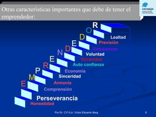 Perseverancia Honestidad Entusiasmo Lealtad Voluntad Auto confianza Tenacidad Economía Sinceridad Armonía Comprensión Previsión E E D O R N D E M P R Otras características importantes que debe de tener el emprendedor: 