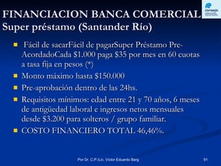 FINANCIACION BANCA COMERCIAL Super préstamo (Santander Río) Fácil de sacarFácil de pagarSuper Préstamo Pre-AcordadoCada $1.000 paga $35 por mes en 60 cuotas a tasa fija en pesos (*)  Monto máximo hasta $150.000  Pre-aprobación dentro de las 24hs.  Requisitos mínimos: edad entre 21 y 70 años, 6 meses de antigüedad laboral e ingresos netos mensuales desde $3.200 para solteros / grupo familiar. COSTO FINANCIERO TOTAL 46,46%.  