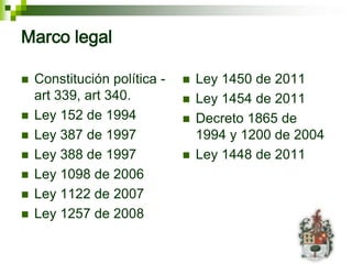 Marco legal

   Constitución política -      Ley 1450 de 2011
    art 339, art 340.            Ley 1454 de 2011
   Ley 152 de 1994              Decreto 1865 de
   Ley 387 de 1997               1994 y 1200 de 2004
   Ley 388 de 1997              Ley 1448 de 2011
   Ley 1098 de 2006
   Ley 1122 de 2007
   Ley 1257 de 2008
 