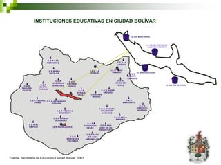 INSTITUCIONES EDUCATIVAS EN CIUDAD BOLÍVAR


                                                                                                             I.E. JOSÉ MARÍA HERRÁN



                                                                                                                               I.E. COLEGIO COOPERATIVO
                                                                                                                                 ALEJANDRINO RESTREPO




                              C.E.R LAS
                              MERCEDES                                                          C.E.R LA
                                                                                                LINDAJA


                                  C.E.R SAN                          I.E.R. LA           I.E.R JUAN
                                  NICOLAS                             ERMITA               TAMAYO                  I.E. MARÍA AUXILIADORA
                                                                                                             C.E.R
                                                                                                            SANTA
                                                                                                           LIBRADA
                                      C.E.R                                                   C.E.R
                                                 C.E.R
                                    GABRIELA                                                CARIDAD
                                                CARMEN
                         C.E.R      GONZALEZ                                                 PÉREZ                                                   I.E. SAN JOSÉ DEL CITARÁ
         C.E.R          SANTA                   ZAPATA
        PAULINA
                        CECILIA
        PUERTA                                            C.E.R                  C.E.R ISABEL
                                                         EFRAIN                    VAZQUEZ
                                                         VELEZ        C.E.R SAN
                                                                       MIGUEL

              C.E.R LAZARO C.E.R HERNANDO                                                               C.E.R
                  URIBE        POSADA                                                                 AMARANTO
                                                                                                                     C.E.R
                                                                             C.E.R MANUEL                          ERNESTO
                                        C.E.R PEDRO A.                         SALVADOR                            ARANGO
                                          RESTREPO                             SANCHEZ

                                                                                           C.E.R VILLA
                                     C.E.R RICARD
                                                                                            AMPARO
                                      GONZALEZ
                                                                C.E.R
             C.E.R EL                                                         C.E.R SAN
                                                              FERNANDO
             EMPUJE                 I.E.R FARALLONES            VELEZ        JOSE DE LA
                                                                             ANGOSTURA

                                                                   C.E.R ALTO
                                                  C.E.R              DE LOS
                                                MERCEDES          JARAMILLOS
                                                ESCOBAR




Fuente: Secretaría de Educación Ciudad Bolívar, 2007.
 