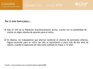 Por si esto fuera poco...


 Sólo el 34% de la Población Económicamente Activa, cuenta con la posibilidad de
  cotizar en algún sistema de pensión para el retiro.


 En México, los trabajadores que ahorran mediante el sistema de pensiones (Afores),
  logran acumular para su retiro tan sólo el equivalente a poco más de dos años de
  salario, cuando la esperanza de vida como jubilado es mayor a 15 años.




Fuente: www.exonline.com.mx/diario/dinero/agosto2008
 