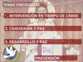TEMAS VINCULANTES

1. INTERVENCIÓN EN TIEMPO DE CRISIS


2. CIUDADANÍA Y PAZ


3. DESARROLLO Y PAZ



              PREVENSIÓN
 