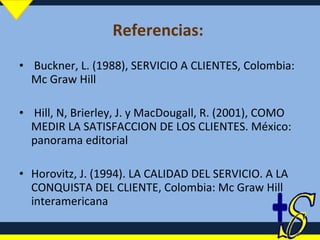Referencias:  Buckner, L. (1988), SERVICIO A CLIENTES, Colombia: Mc Graw Hill Hill, N, Brierley, J. y MacDougall, R. (2001), COMO MEDIR LA SATISFACCION DE LOS CLIENTES. México: panorama editorial Horovitz, J. (1994). LA CALIDAD DEL SERVICIO. A LA CONQUISTA DEL CLIENTE, Colombia: Mc Graw Hill interamericana 