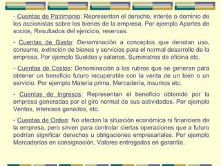 - Cuentas de Patrimonio: Representan el derecho, interés o dominio de
los accionistas sobre los bienes de la empresa. Por ejemplo Aportes de
socios, Resultados del ejercicio, reservas.
- Cuentas de Gasto: Denominación a conceptos que denotan uso,
consumo, extinción de bienes y servicios para el normal desarrollo de la
empresa. Por ejemplo Sueldos y salarios, Suministros de oficina etc.
- Cuentas de Costos: Denominación a los rubros que se generan para
obtener un beneficio futuro recuperable con la venta de un bien o un
servicio. Por ejemplo Materia prima, Mercadería, insumos etc.
- Cuentas de Ingresos: Representan el beneficio obtenido por la
empresa generadas por el giro normal de sus actividades. Por ejemplo
Ventas, intereses ganados, etc.
- Cuentas de Orden: No afectan la situación económica ni financiera de
la empresa, pero sirven para controlar ciertas operaciones que a futuro
podrían significar derechos u obligaciones empresariales. Por ejemplo
Mercaderías en consignación, Valores entregados en garantía.
 