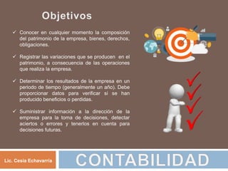  Conocer en cualquier momento la composición
del patrimonio de la empresa, bienes, derechos,
obligaciones.
 Registrar las variaciones que se producen en el
patrimonio, a consecuencia de las operaciones
que realiza la empresa.
 Determinar los resultados de la empresa en un
periodo de tiempo (generalmente un año). Debe
proporcionar datos para verificar si se han
producido beneficios o perdidas.
 Suministrar información a la dirección de la
empresa para la toma de decisiones, detectar
aciertos o errores y tenerlos en cuenta para
decisiones futuras.
Lic. Cesia Echavarría
 