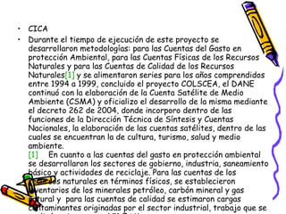 CICA Durante el tiempo de ejecución de este proyecto se desarrollaron metodologías: para las Cuentas del Gasto en protección Ambiental, para las Cuentas Físicas de los Recursos Naturales y para las Cuentas de Calidad de los Recursos Naturales [1]  y se alimentaron series para los años comprendidos entre 1994 a 1999, concluido el proyecto COLSCEA, el DANE continuó con la elaboración de la Cuenta Satélite de Medio Ambiente (CSMA) y oficializo el desarrollo de la misma mediante el decreto 262 de 2004, donde incorporo dentro de las funciones de la Dirección Técnica de Síntesis y Cuentas Nacionales, la elaboración de las cuentas satélites, dentro de las cuales se encuentran la de cultura, turismo, salud y medio ambiente.   [1]  En cuanto a las cuentas del gasto en protección ambiental se desarrollaron los sectores de gobierno, industria, saneamiento básico y actividades de reciclaje. Para las cuentas de los recursos naturales en términos físicos, se establecieron inventarios de los minerales petróleo, carbón mineral y gas natural y  para las cuentas de calidad se estimaron cargas contaminantes originadas por el sector industrial, trabajo que se realizó en junto con el IDEAM.  