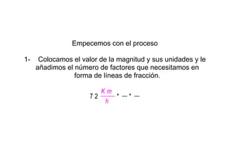 Empecemos con el proceso

1-    Colocamos el valor de la magnitud y sus unidades y le
     añadimos el número de factores que necesitamos en
                 forma de líneas de fracción.

                         Km
                      72        *    *
                          h
 