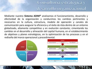 Mediante nuestro Sistema ADIM® analizamos el funcionamiento, desarrollo y efectividad de la organización y conducimos los cambios pertinentes y necesarios en la cultura, estructura, modelo de operación y canales de comunicación para asegurar la eficiencia y el éxito de ésta dentro de un entorno globalizado, altamente competitivo y en evolución constante; cimentando los cambios en el desarrollo y alineación del capital humano, en el establecimiento de objetivos y planes estratégicos, en la optimización de los procesos y en el rediseño del marco operacional y procedimental.  
