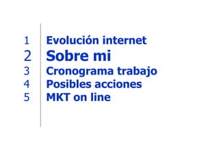 Evolución internet Sobre mi Cronograma trabajo Posibles acciones MKT on line 1 2 3 4 5 
