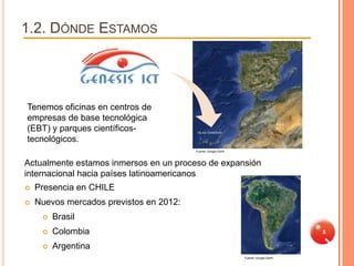 1.2. DÓNDE ESTAMOS




Tenemos oficinas en centros de
empresas de base tecnológica
(EBT) y parques científicos-              ISLAS CANARIAS

tecnológicos.
                                         Fuente: Google Earth



Actualmente estamos inmersos en un proceso de expansión
internacional hacia países latinoamericanos
   Presencia en CHILE
   Nuevos mercados previstos en 2012:
        Brasil
        Colombia                                                                      5

        Argentina
                                                                Fuente: Google Earth
 