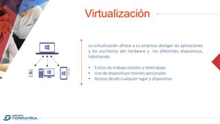 Virtualización
La virtualización ofrece a su empresa desligar las aplicaciones
y los escritorios del hardware y los diferentes dispositivos,
habilitando:
• Estilos de trabajo móviles y teletrabajo
• Uso de dispositivos móviles personales
• Acceso desde cualquier lugar y dispositivo
 