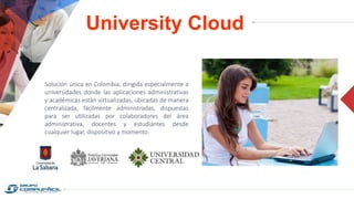 Solución única en Colombia, dirigida especialmente a
universidades donde las aplicaciones administrativas
y académicas están virtualizadas, ubicadas de manera
centralizada, fácilmente administradas, dispuestas
para ser utilizadas por colaboradores del área
administrativa, docentes y estudiantes desde
cualquier lugar, dispositivo y momento.
University Cloud
 