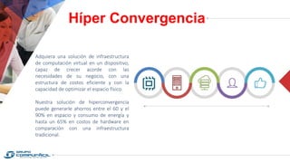Híper Convergencia
Adquiera una solución de infraestructura
de computación virtual en un dispositivo,
capaz de crecer acorde con las
necesidades de su negocio, con una
estructura de costos eficiente y con la
capacidad de optimizar el espacio físico.
Nuestra solución de hiperconvergencia
puede generarle ahorros entre el 60 y el
90% en espacio y consumo de energía y
hasta un 65% en costos de hardware en
comparación con una infraestructura
tradicional.
 