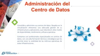 Administración del
Centro de Datos
Consolide y administre sus centros de datos. Basados en la
virtualización ofrecemos una adecuada gestión de su
infraestructura y aplicaciones, que redunda en altos niveles
de disponibilidad, rendimiento y eficacia operativa.
Contamos con profesionales especializados en centros de
datos, con una alta formación técnica y estratégica que les
permite tener la visibilidad de las métricas operativas de
estas infraestructuras.
 