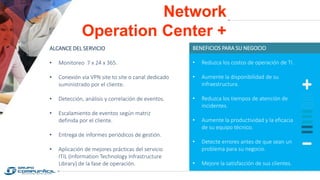 Network
Operation Center +
ALCANCE DEL SERVICIO
• Monitoreo 7 x 24 x 365.
• Conexión vía VPN site to site o canal dedicado
suministrado por el cliente.
• Detección, análisis y correlación de eventos.
• Escalamiento de eventos según matriz
definida por el cliente.
• Entrega de informes periódicos de gestión.
• Aplicación de mejores prácticas del servicio
ITIL (Information Technology Infrastructure
Library) de la fase de operación.
BENEFICIOS PARA SU NEGOCIO
• Reduzca los costos de operación de TI.
• Aumente la disponibilidad de su
infraestructura.
• Reduzca los tiempos de atención de
incidentes.
• Aumente la productividad y la eficacia
de su equipo técnico.
• Detecte errores antes de que sean un
problema para su negocio.
• Mejore la satisfacción de sus clientes.
 