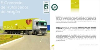 El Consorcio
de Frutos Secos
de Aragón
                  ARANUTS es la consecuencia natural de la filosofía de sus accionistas: añadir
                  valor a los productos para ponerlos directamente a disposición del
                  consumidor. Así, el Consorcio trabaja a medida de las necesidades de cada
                  cliente: Preparamos cada pedido según las exactas especificaciones que los
                  clientes demandan en cada momento.



                  ARANUTS cuenta con las certificaciones UNE-EN ISO 90001:2000 certificada
                  por AENOR con respecto al control de gestión de la calidad durante el
                  proceso productivo y con respecto a la trazabilidad y seguridad alimentaria
                  del producto.


                  La planta de procesado de almendra de Alcañiz está dotada de la más alta
                  tecnología disponible para la selección, descascarado, calibrado, repelado,
                  industrializado, tostado y envasado del producto, que se recoge en seis
                  centros logísticos repartidos por las zonas de cultivo de las provincias de
                  Zaragoza y Teruel.



                                                              www.aranuts.com
                                                        3
 