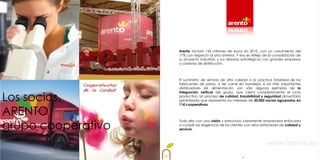 Arento facturó 143 millones de euros en 2010, con un crecimiento del
                    17% con respecto al año anterior. Y eso es reflejo de la consolidación de
                    su proyecto industrial, y sus alianzas estratégicas con grandes empresas
                    y cadenas de distribución.



                    El suministro de sémola de alta calidad a la práctica totalidad de los
                    fabricantes de pasta, o de carne en bandejas a los más importantes
                    distribuidores de alimentación, son sólo algunos ejemplos de la


Los socios.
                    integración vertical del grupo, que cierra completamente el ciclo
                    productivo. Un proceso de calidad, trazabilidad y seguridad alimentaria
                    garantizada que representa los intereses de 20.000 socios agrupados en
                    114 cooperativas.

ARENTO
grupo cooperativo
                    Todo ello con una visión y estructura claramente empresarial enfocada
                    a cumplir las exigencias de los clientes con altos estándares de calidad y
                    servicio.



                                                                         www.arento.es
                                                          5
 