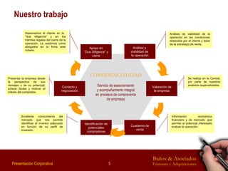 Nuestro trabajo Análisis y  viabilidad de  la operación Valoración de la empresa Cuaderno de venta Identificación de potenciales compradores Contacto y negociación Apoyo en “Due Diligence” y cierre Análisis de viabilidad de la operación en las condiciones deseadas por el cliente y base de la estrategia de venta. Se realiza en la Central, por parte de nuestros analistas especializados. Información económico financiera y de mercado, que permite al potencial interesado evaluar la operación. Excelente conocimiento del mercado que nos permite identificar al inversor adecuado en función de su perfil de inversión. Presentar la empresa desde la perspectiva de sus ventajas y de su potencial, aclarar dudas y motivar el interés del comprador. Asesoramos al cliente en la  "due diligence" y en los trámites legales del cierre de la operación. Le asistimos como abogados en la firma ante notario. CONFIDENCIALIDAD Servicio de asesoramiento y acompañamiento integral en procesos de compraventa de empresas 