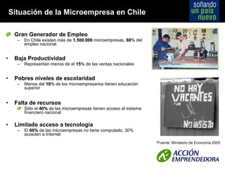Situación de la Microempresa en Chile Gran Generador de Empleo En Chile existen más de  1.500.000  microempresas,  60 %  del empleo nacional. Baja Productividad Representan menos de el  15 %  de las ventas nacionales Pobres niveles de escolaridad Menos del  10 %  de los microempresarios tienen educación superior Falta de recursos Sólo el  40%  de las microempresas tienen acceso al sistema financiero nacional Limitado acceso a tecnología El  60%  de las microempresas no tiene computado, 30% acceden a Internet *Fuente: Ministerio de Economía 2005 
