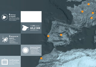 8 oficinas 
en España 
Madrid, Barcelona, Bilbao, 
Sevilla, Canarias, Alicante, 
Vitoria, Pamplona 
4 Sectores de 
negocio 
– Banca-Seguros 
– Industria 
– Sector público 
– Telecomunicaciones 
+ 1.400 empleados 
63,2 M€ 
facturación 2013 
Nuestras líneas 
de actividad 
– Application Services 
– Quality Services 
– Enterprise Solutions 
– Infraestructure Services 
Certificaciones 
ITIL, CMMI, ISTQB, 
ISO 9.001, ISO 20.000, 
ISO 27.001… 
 