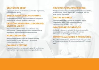 GESTIÓN DE BBDD ARQUITECTURAS OPENSOURCE 
Arquitectura, diseño, implantación y suministro. Apta para sistemas mission critical (rendimiento, 
Migraciones, consolidaciones, tuning. escalabilidad, disponibilidad). Ámbito general: Bus, 
INTEGRACIÓN DE PLATAFORMAS 
Framework, Portales, BPM, Gestión Documental,… 
CALIDAD Y TESTING 
Estrategia de integración. Migración de BBDD, convivencia 
simultánea de entornos. Pruebas y validación. Pruebas funcionales y de sistemas. Pruebas de 
GESTIÓN E INDUSTRIALIZACIÓN DEL 
CICLO DE VIDA IT 
rendimiento. Hacking ético. Implantación de 
metodologías. Auditorías. 
DIGITAL BUSINESS 
Orquestación de herramientas para la Gestión de la 
configuración y entrega del software. Automatización de Estrategia de portales y gestión de contenidos. Social 
despliegues. Reversión de puestas en producción. collaboration. Social CRM. Buscadores. Gestión 
MONITORIZACIÓN 
multidispositivo. Company Hub. 
INDICADORES DE NEGOCIO 
Monitorización desde el Punto de Vista de Usuario y 
Monitorización Técnica. Soluciones y servicios de Análisis de indicadores, selección de herramientas de BI, 
monitorización end to end. construcción del cuadro de mandos, definición del 
datawarehouse. Calidad y gobierno del dato. 
 