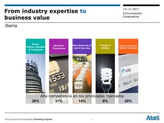 13/12/2011
From industry expertise to                                                    Comunicación
business value                                                                Corporativa


Iberia



              Sector                                          Energía &
                             Servicios    Manufacturing, R                 Telecomunicaciones,
         Público, Sanidad                                      Utilities
                            Financieros   etail & Services                  Media & Tecnología
          & Transporte




                 Alta competencia en los principales mercados
             30%         31%         14%           6%         20%



                                                         17
 