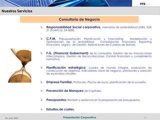 Nuestros Servicios

                               Consultoría de Negocio

                     Responsabilidad Social corporativa, memorias de sostenibilidad (GRI), SGE
                     21 (Forética), SA 8000.


                     C.P.M.    Presupuestación, Planificación y Forecasting.      Modelización y
                     Optimización de la rentabilidad.         Consolidación Financiera. Reporting
                     Financiero, Legal y de Gestión. Aplicaciones de Cuadros de Mando.


                     F.G. (Financial Goberment) de la compañía: Gestión de las transacciones
                     Intercompany, Gestión de Reconciliaciones, Control Financiero y cumplimiento
                     normativo.


                     Planificación estratégica, cuadro de mando integral, evaluación de
                     consecución de objetivos, indicadores clave de negocio, previsiones y creación
                     de escenarios virtuales.


                     Empresa Familiar, Protocolo, Pactos de socio, planificación de la sucesión.

                     Prevención de Blanqueo de Capitales.

                     Presupuestos: Revisión y asistencia en la preparación de presupuestos.


                     Estudios de costes.

  Ed. Junio 2010                  Presentación Corporativa                                    11
 