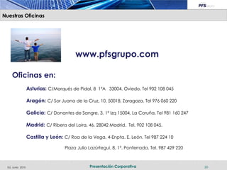 Nuestras Oficinas

Título de la diapositiva


                                          www.pfsgrupo.com

     Oficinas en:
                   Asturias: C/Marqués de Pidal, 8 1ºA 33004, Oviedo. Tel 902 108 045

                   Aragón: C/ Sor Juana de la Cruz, 10, 50018, Zaragoza. Tel 976 060 220

                   Galicia: C/ Donantes de Sangre, 3, 1º Izq 15004, La Coruña. Tel 981 160 247

                   Madrid: C/ Ribera del Loira, 46. 28042 Madrid. Tel. 902 108 045.

                   Castilla y León: C/ Roa de la Vega, 4-Enpta. E. León. Tel 987 224 10

                                     Plaza Julio Lazúrtegui, 8, 1º. Ponferrada. Tel. 987 429 220



  Ed. Junio 2010                                 Presentación Corporativa                          20
 