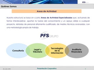 Quiénes Somos

                                      Areas de Actividad


       Nuestra estructura se basa en cuatro Areas de Actividad Especializadas que, actuando de
       forma interdisciplinar, aportan la fuerza del conocimiento y un apoyo sólido a cualquier
       proyecto, dotadas de personal altamente cualificado, de medios técnicos avanzados, con
       una metodología propia de trabajo.




                                                        Tecnologías
                                   Legal y                                  Auditoría
                  Consultoría                               de la
                                  Tributario                               Financiera
                                                        Información




 Ed. Junio 2010                        Presentación Corporativa                          4
 