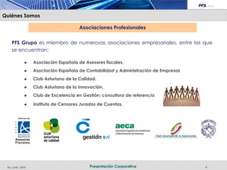 Quiénes Somos

                                       Asociaciones Profesionales

    PFS Grupo es miembro de numerosas asociaciones empresariales, entre las que
    se encuentran:

                  Asociación Española de Asesores fiscales.
                  Asociación Española de Contabilidad y Administración de Empresas
                  Club Asturiano de la Calidad.
                  Club Asturiano de la Innovación.
                  Club de Excelencia en Gestión: consultora de referencia

                  Instituto de Censores Jurados de Cuentas.




 Ed. Junio 2010                            Presentación Corporativa                  6
 
