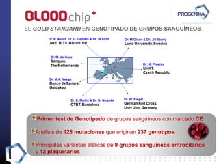 EL  GOLD STANDARD  EN  GENOTIPADO DE GRUPOS SANGUÍNEOS Primer test de Genotipado  de grupos sanguíneos con marcado  CE Análisis de  128 mutaciones  que originan  237 genotipos Principales variantes alélicas de  9 grupos sanguíneos eritrocitarios  y  12 plaquetarios 