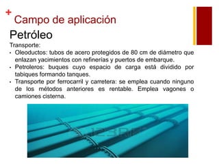 +

Campo de aplicación

Petróleo
Transporte:
• Oleoductos: tubos de acero protegidos de 80 cm de diámetro que
enlazan yacimientos con refinerías y puertos de embarque.
• Petroleros: buques cuyo espacio de carga está dividido por
tabiques formando tanques.
• Transporte por ferrocarril y carretera: se emplea cuando ninguno
de los métodos anteriores es rentable. Emplea vagones o
camiones cisterna.

 