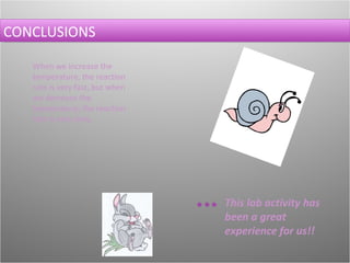 CONCLUSIONS When we increase the temperature, the reaction rate is very fast, but when we decrease the temperature, the reaction rate is very slow. This lab activity has been a great experience for us!!     