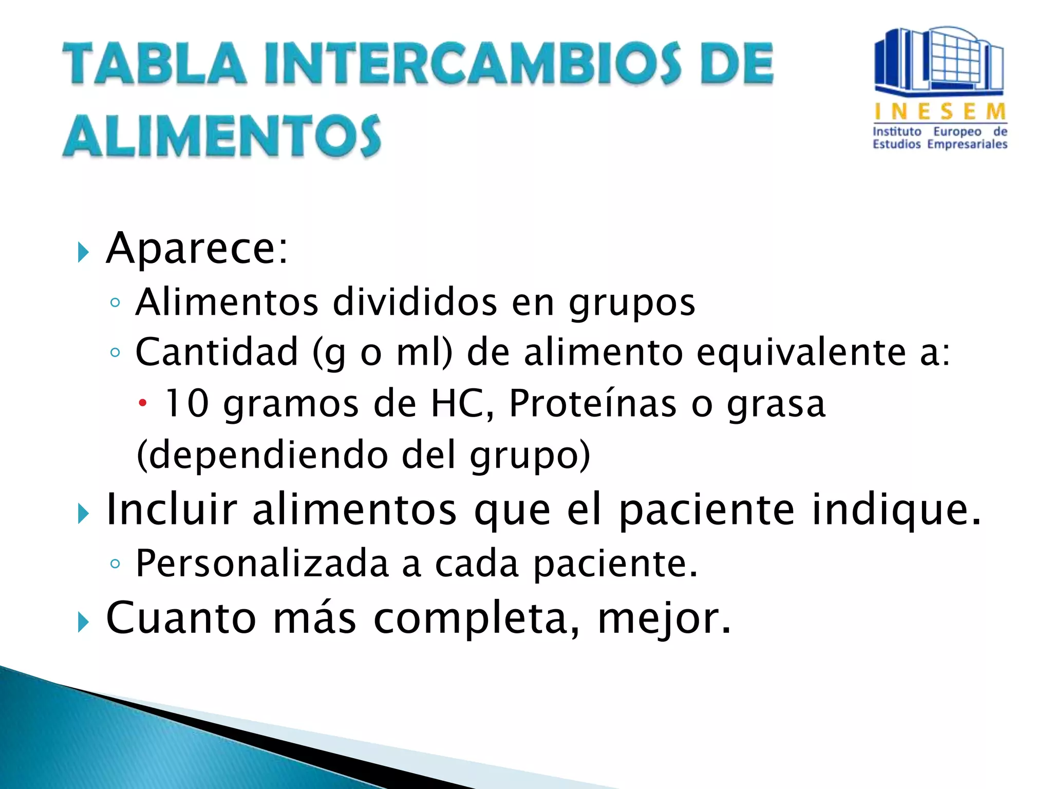  Aparece:
◦ Alimentos divididos en grupos
◦ Cantidad (g o ml) de alimento equivalente a:
 10 gramos de HC, Proteínas o grasa
(dependiendo del grupo)
 Incluir alimentos que el paciente indique.
◦ Personalizada a cada paciente.
 Cuanto más completa, mejor.
 