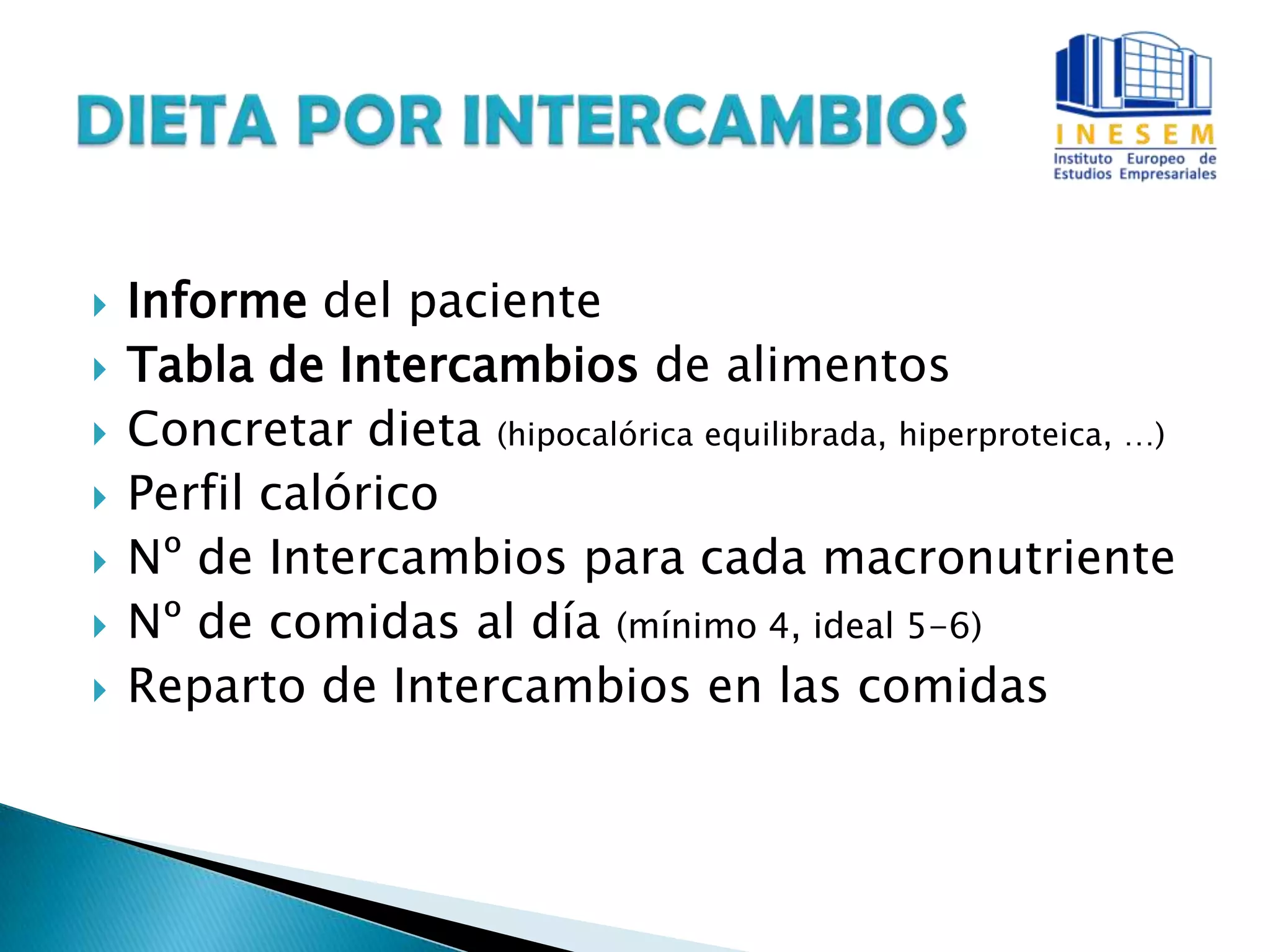  Informe del paciente
 Tabla de Intercambios de alimentos
 Concretar dieta (hipocalórica equilibrada, hiperproteica, …)
 Perfil calórico
 Nº de Intercambios para cada macronutriente
 Nº de comidas al día (mínimo 4, ideal 5-6)
 Reparto de Intercambios en las comidas
 