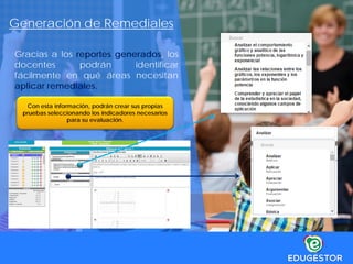 Gracias a los reportes generados, los
docentes podrán identificar
fácilmente en qué áreas necesitan
aplicar remediales.
Con esta información, podrán crear sus propias
pruebas seleccionando los indicadores necesarios
para su evaluación.
Generación de Remediales
 