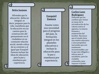 Belén Sanjuán
                                             Carlos Lanz
    Afirmaba que la                          Rodríguez
                             Ezequiel        Defiende que los
 educación debía ser
                             Zamora          cambios que vienen
       integral, es
                                             se tratan de la
decir, preparar para la                      reivindicación de los
 vida; manifiesta que       Asume como
                                             valores contra el
  la educación era un      una necesidad     egoísmo, la miseria
     camino para la       para el progreso   humana y
    construcción del         del país, la    enajenación del
   pensamiento en el                         hombre. Reconoce
                             formación       que el estado tiene
    ciudadano en su        integral en los   una misión educativa
   constante relación
                              planteles      y unos propósitos
 social, siendo crítica                      nacionales que son
   de su contexto y al
                            educativos e
                                             totalmente
   igual que Ezequiel         incluye la     incuestionables, por
  Zamora incluye las      educación para     lo que está obligado a
  ideas de educación           la paz y      educar para el
                                             socialismo, para las
      para la paz y        enseñanza por     ciudades
     enseñanza por          experiencia.     comunales, para
      experiencia.                           imponer el poder
                                             constituyente.
 