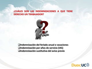 Indemnización del feriado anual o vacaciones
Indemnización por años de servicio (IAS)
Indemnización sustitutiva del aviso previo
¿CUÁLES SON LAS INDEMNIZACIONES A QUE TIENE
DERECHO UN TRABAJADOR?
 
