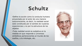 Schultz
•Define la acción como la conducta humana
proyectada por el actor de una manera
autoconsciente, es decir, la realidad social
está constituida por el sentido de nuestras
experiencias y no por la estructura de los
objetos
•Toda realidad social es subjetiva en la
medida en que responde a universos
simbólicos pertenecientes al mundo de los
sueños, a la mitología, etc.
 