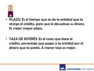 • PLAZO: Es el tiempo que te da la entidad que te
otorga el crédito, para que le devuelvas su dinero.
Es mejor mayor plazo.
• TAZA DE INTERÉS: Es el costo que tiene el
crédito, porcentaje que pagas a la entidad por el
dinero que te prestó. A menor tasa es mejor.

 