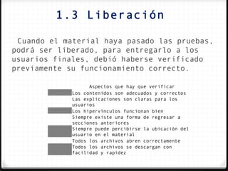 1.3 Liberación

 Cuando el material haya pasado las pruebas,
podrá ser liberado, para entregarlo a los
usuarios finales, debió haberse verificado
previamente su funcionamiento correcto.

                   Aspectos que hay que verificar
             Los contenidos son adecuados y correctos
             Las explicaciones son claras para los
             usuarios
             Los hipervínculos funcionan bien
             Siempre existe una forma de regresar a
             secciones anteriores
             Siempre puede percibirse la ubicación del
             usuario en el material
             Todos los archivos abren correctamente
             Todos los archivos se descargan con
             facilidad y rapidez
 