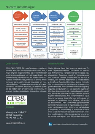 Nuestra metodología:
Quien Somos
CREA EMPLEO ETT, S.L., una fuerza empresarial re-
novada, reforzada y comprometida en crear más y
mejor empleo, respondiendo a las necesidades del
sector empresarial cada vez más exigente con sus
proveedores y con la calidad del servicio ofrecido.
Nuestro compromiso es gestionar el talento de las
personas para crear mejores empresas, un mer-
cado más justo y nuevas oportunidades laborales,
brindando soluciones eficaces y cubriendo pues-
tos de trabajo con profesionales cualificados, de
acuerdo con las necesidades de nuestros clientes.
Nuestros Valores
Nadie dijo que fuera fácil gestionar personas. En
Crea Empleo lo sabemos: Conocemos las deman-
das de la empresa y el potencial del mercado a su
disposición. Queremos construir conjuntamente
con nuestros clientes y candidatos un servicio a
medida, que permita disponer de la fuerza laboral
y del talento durante el tiempo en que se necesite.
Nos comprometemos con nuestros trabajadores,
garantizándoles oportunidades laborales dignas y
seguras, que cumplan con los requisitos legales en
términos de prevención de riesgos laborales y equi-
dad de trato en comparación con cualquier otro tra-
bajador de la empresa. Nos comprometemos a que
la empresa pueda desarrollar sus actividades sin
esperas, sin problemas y con eficacia y eficiencia.
La actuación de CREA EMPLEO se rige por valores
como la transparencia, la rigurosidad, el compro-
miso con los derechos y deberes de trabajadores
y empresas, la honestidad y el espíritu de supera-
ción. Estos mismos valores los buscamos en nues-
tros colaboradores y clientes, para crear un merca-
do laboral más seguro, más ético, más competitivo.
Contacto
Vía Augusta, 134 4º 2ª
08006 Barcelona
Tel. 93 415 21 61
www.creaempleo.es https://www.linkedin.com/company/crea-empleo
 