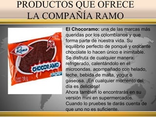 PRODUCTOS QUE OFRECE 
LA COMPAÑÍA RAMO 
El Chocoramo: una de las marcas más 
queridas por los colombianos y que 
forma parte de nuestra vida. Su 
equilibrio perfecto de ponqué y crocante 
chocolate lo hacen único e inimitable. 
Se disfruta de cualquier manera: 
refrigerado, calentándolo en el 
microondas, acompañado con helado, 
leche, bebida de malta, yogur o 
gaseosa. ¡En cualquier momento del 
día es delicioso! 
Ahora también lo encontrarás en su 
versión mini en supermercados. 
Cuando lo pruebes te darás cuenta de 
que uno no es suficiente. 
 