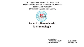 UNIVERSIDAD BICENTENARIA DE ARAGUA
FACULTAD DE CIENCIAS JURÍDICAS Y POLÍTICAS
ESCUELA DE DERECHO
EXTENSION VALLE DE LA PASCUA
INTEGRANTES:
.- MORENO, Leandra M C.I. 13.155.927
.- REYES, Adriana C.I. 10.977.732
 