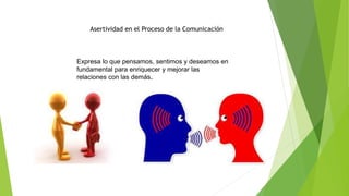 Asertividad en el Proceso de la Comunicación
Expresa lo que pensamos, sentimos y deseamos en
fundamental para enriquecer y mejorar las
relaciones con las demás.
 